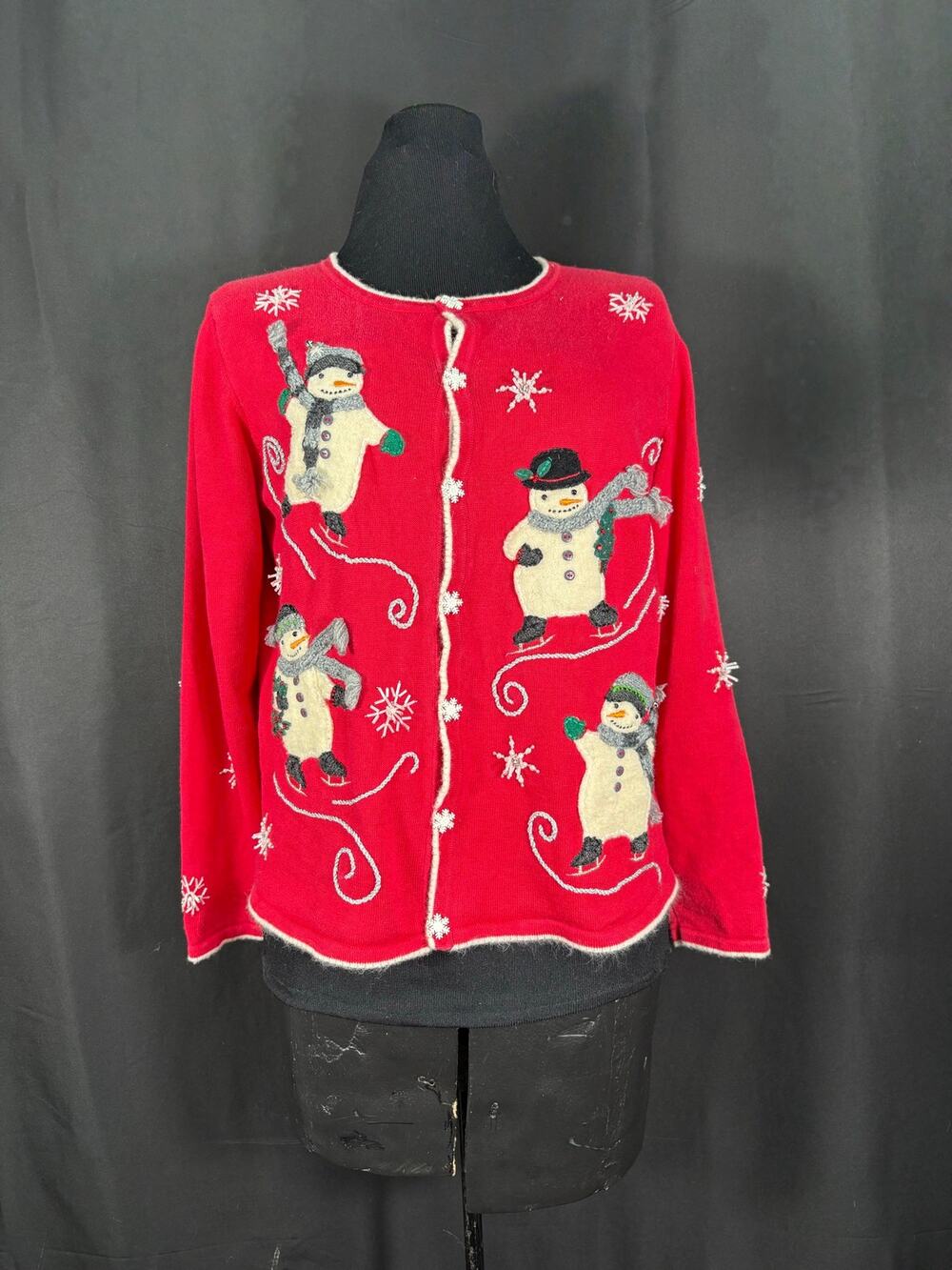 Vintage Christmas Red Cardigan Sweater Skating Snowmen Beaded Snowflakes Button